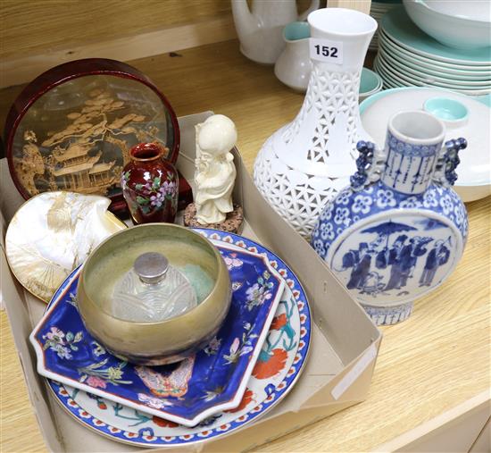 A Chinese blue and white moon flask vase, Oriental ceramics, cork picture, mother of pearl dish, etc.